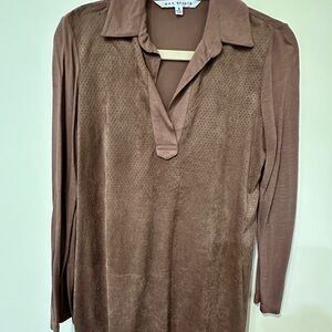 Max Studio Brown Puff Sleeve Polo Blouse